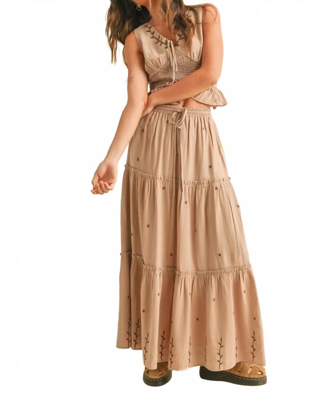 NEW MIOU MUSE embroidery detail smock waist top and tiered maxi set in beige